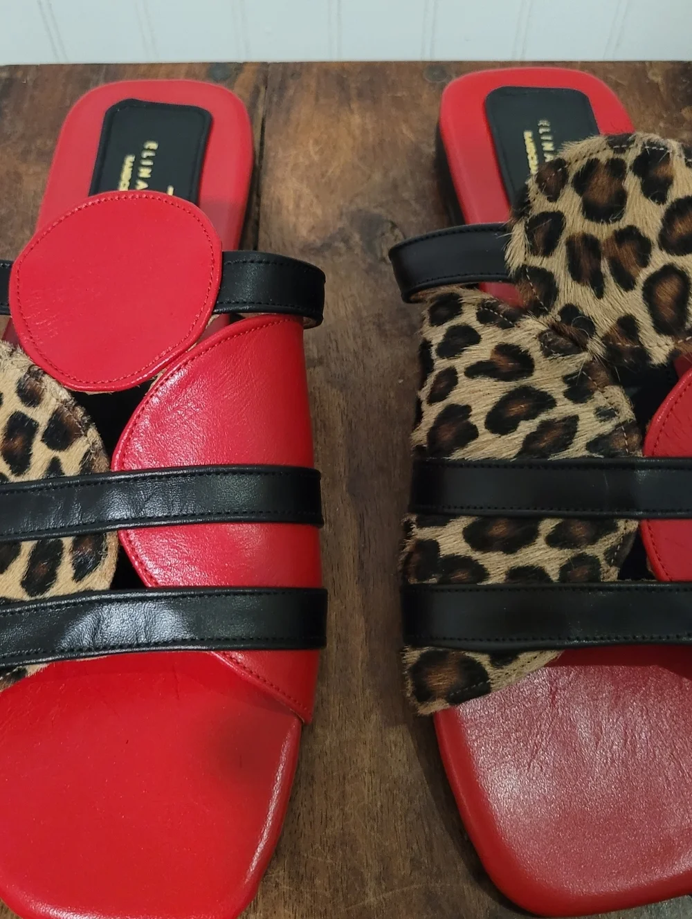 Elina Linardaki Lucia Red Leather Leopard Calf Hair Slide Sandals EU 40 US 9